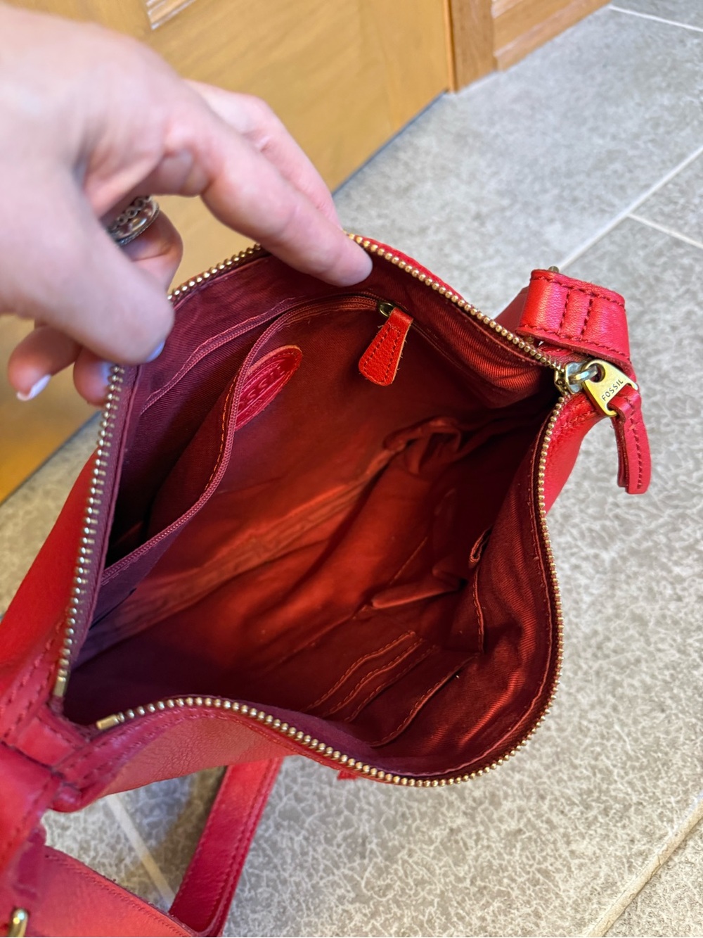 Fossil Red Pebbled Leather Crossbody with Dual Front Zips - Picture 5 of 8